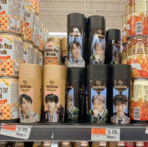 asian market had coffees with individual members of BTS on covers of the coffees