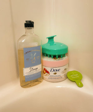 self-care, aromatherapy bath, dove exfoliant, bath and shower items